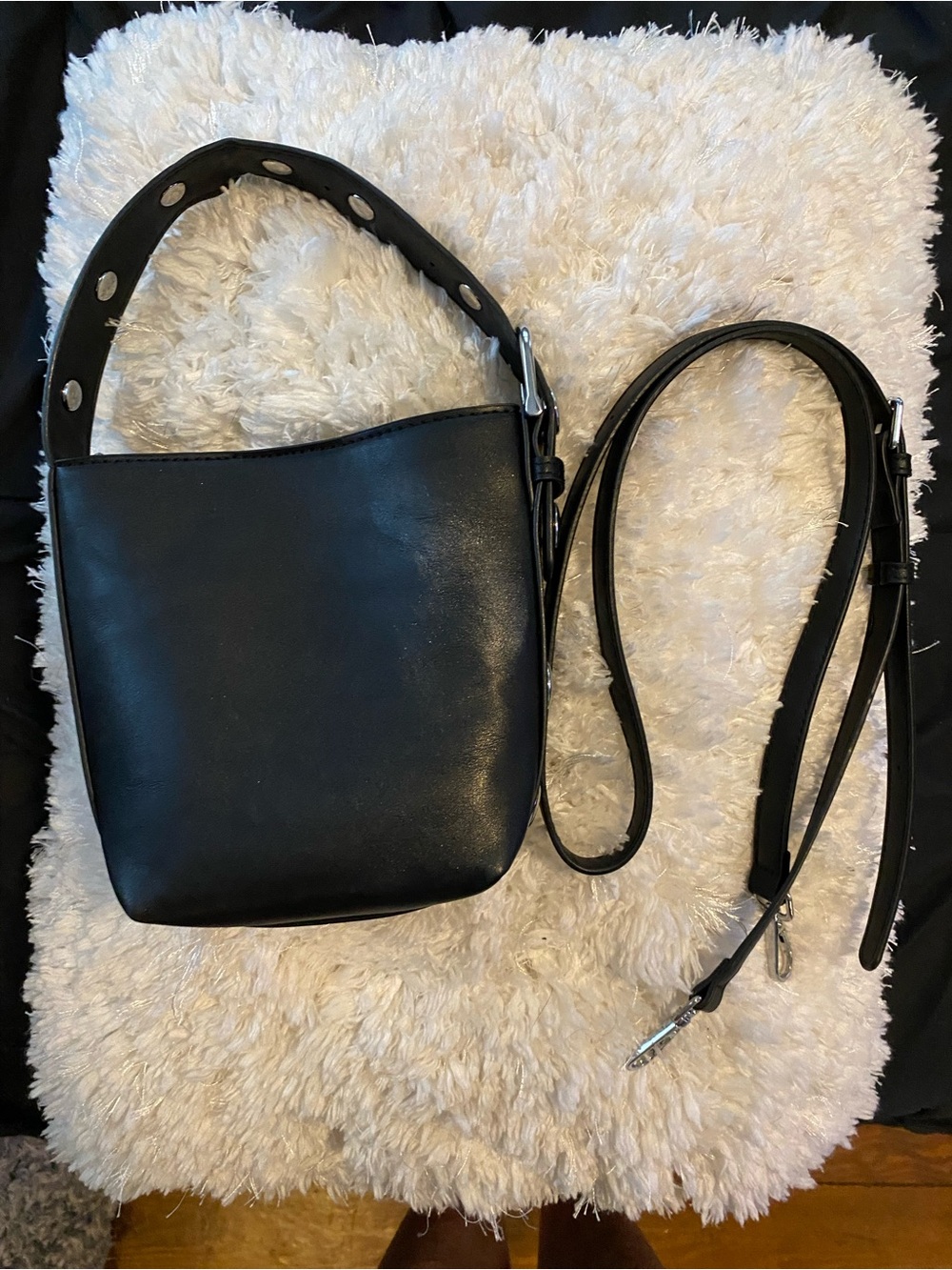 Madison West Black Mini Bucket Bag with Stud-Trim Strap